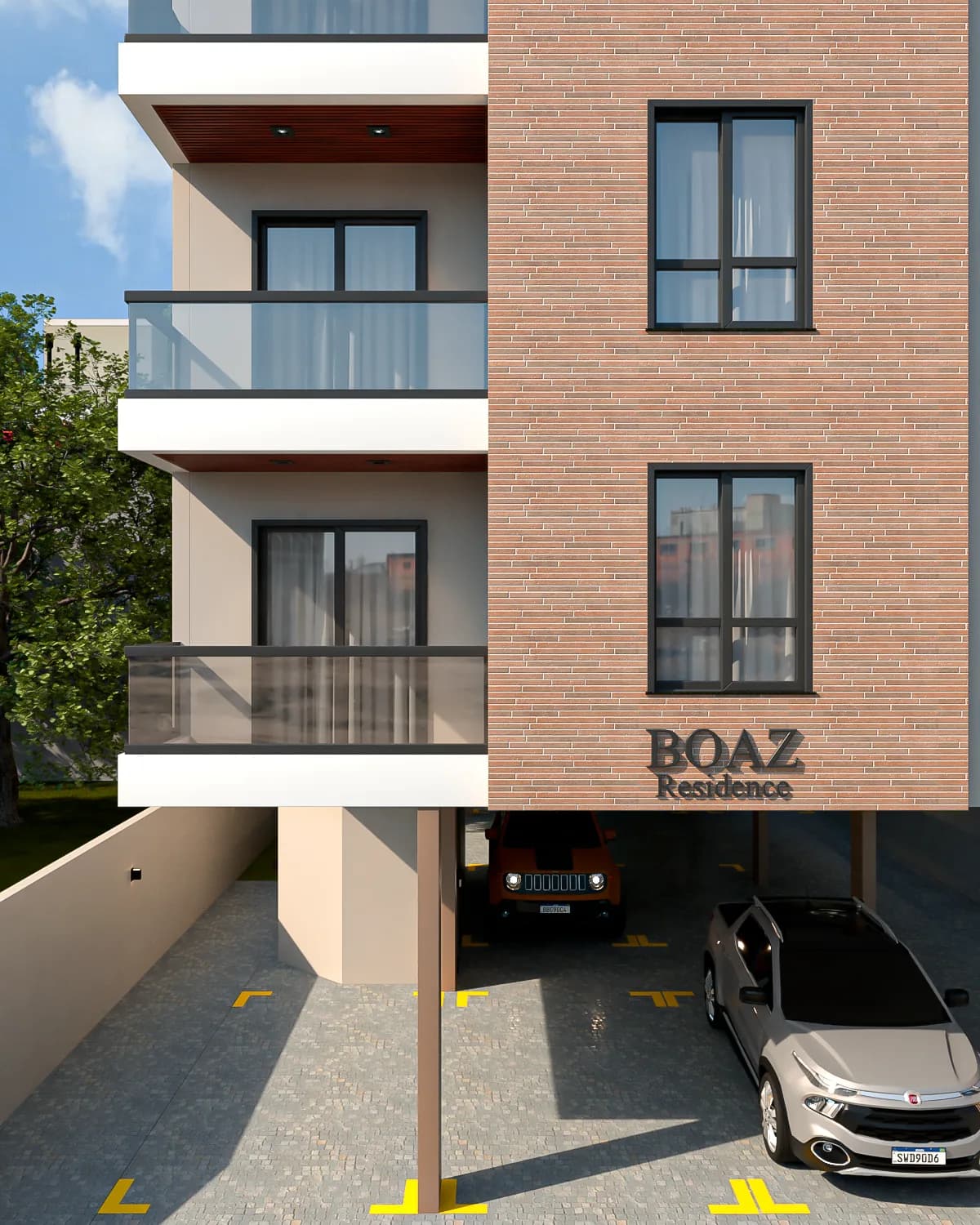 Detalhe das sacadas do Residencial Boaz, com guarda-corpo de vidro e revestimento em tijolo aparente