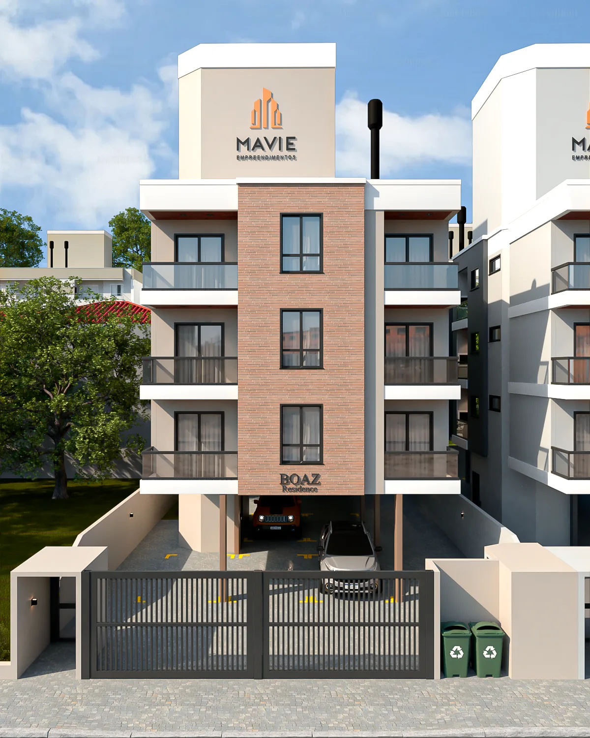 Fachada frontal do Residencial Boaz, com revestimento em tijolo aparente