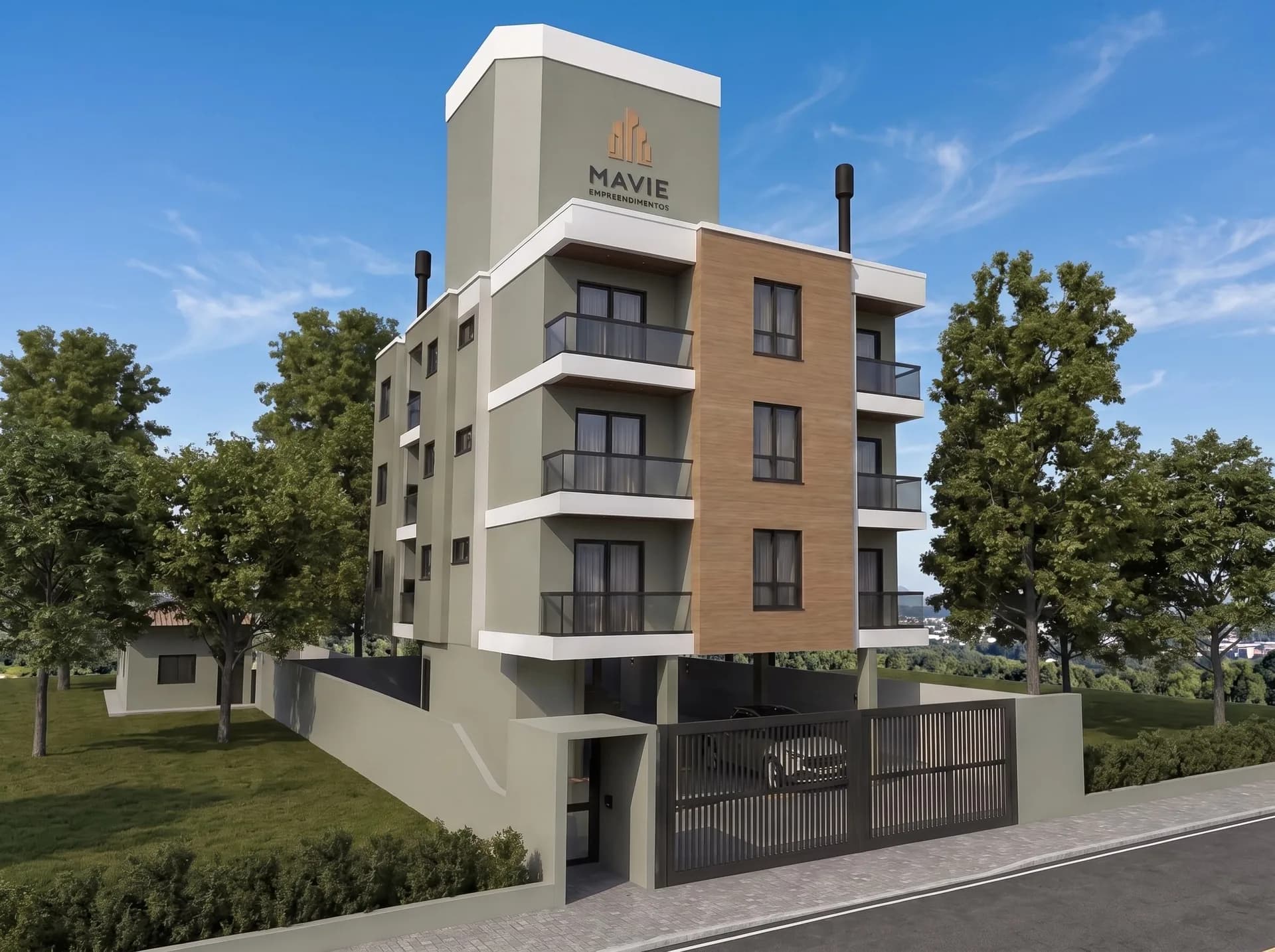 Fachada do Residencial Maanaim, com revestimento em tons de verde e madeira