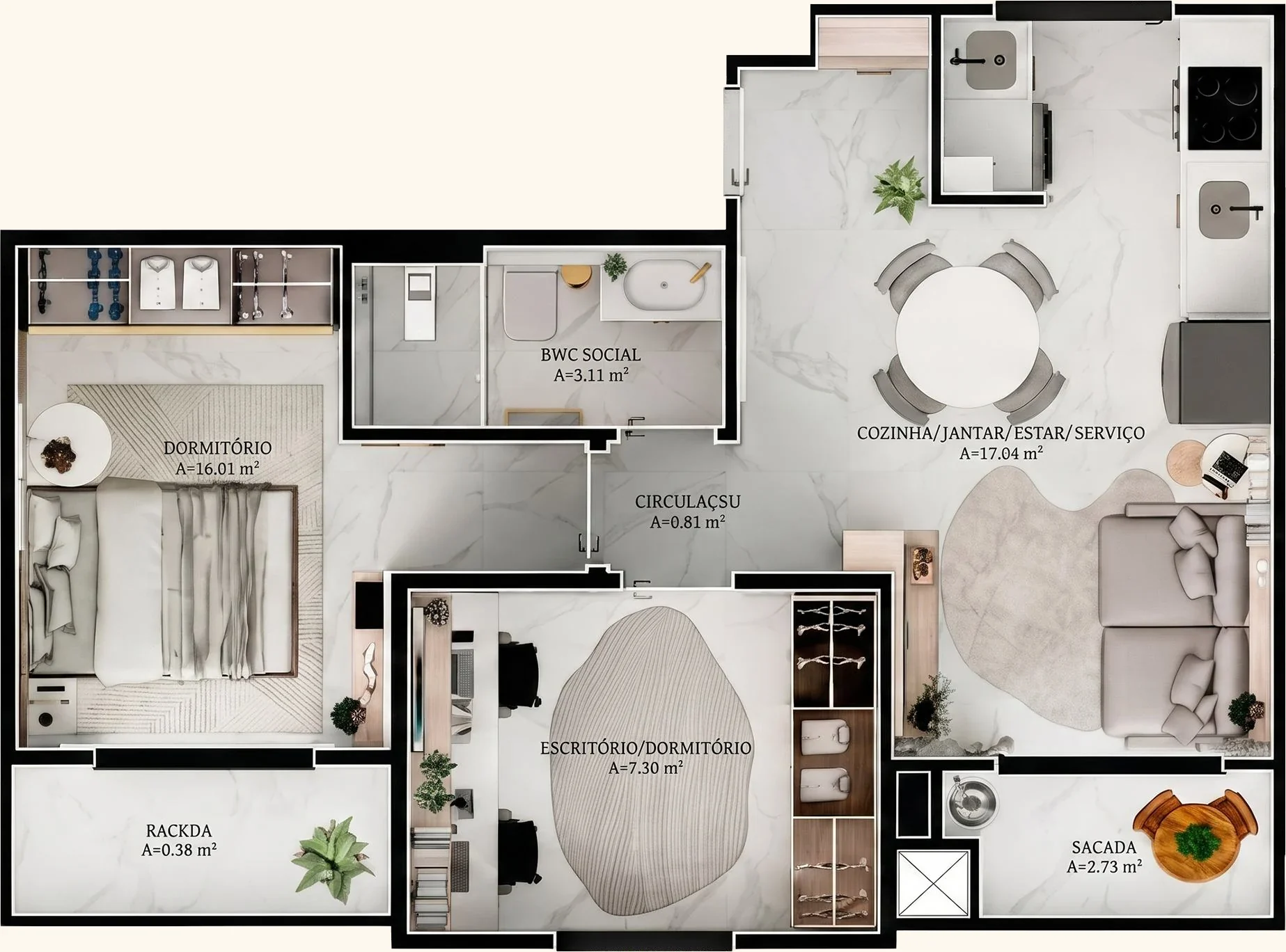 Planta humanizada de apartamento do Residencial Maanaim, com dormitório, escritório e área social integrada